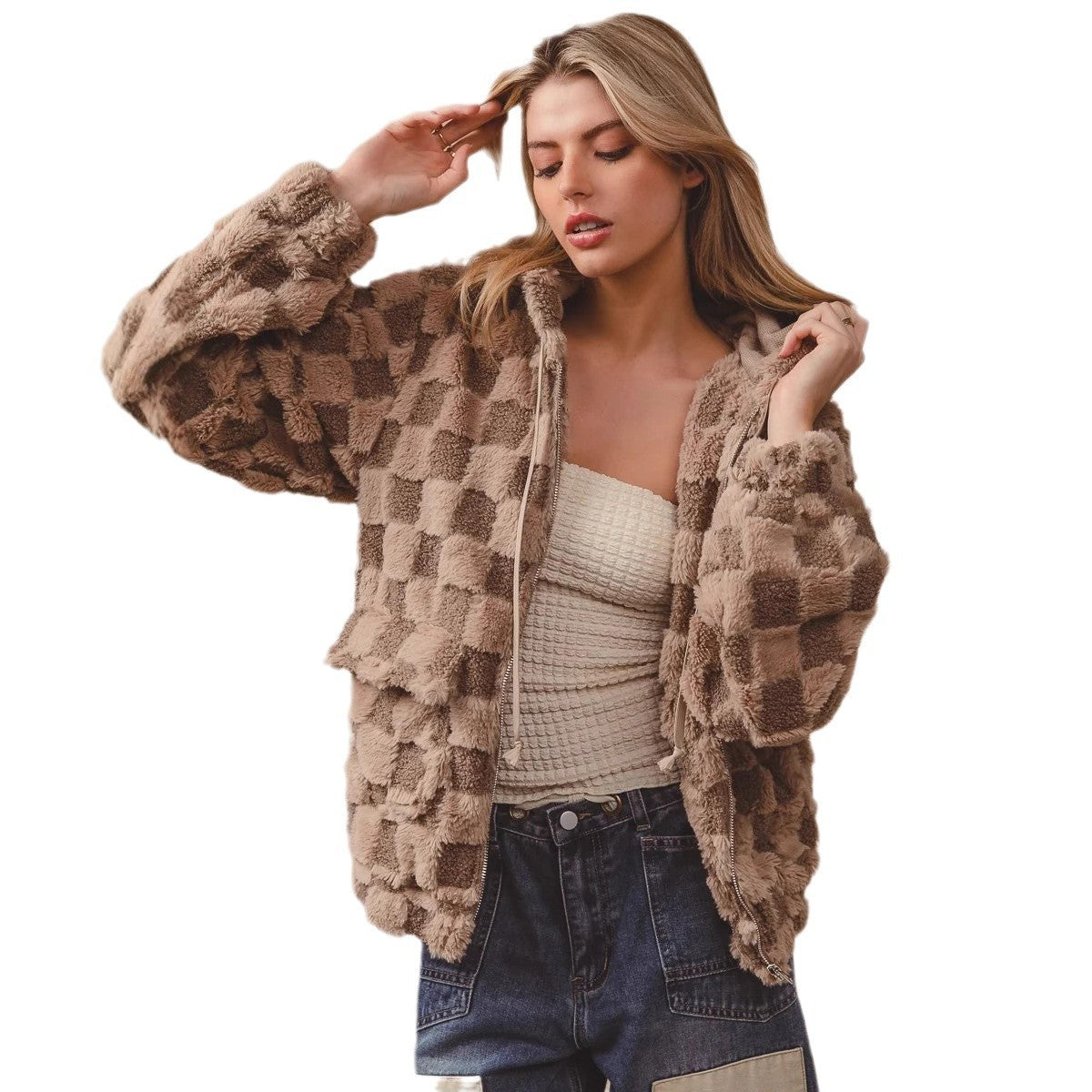 Plush Plaid Zipper Hoodie