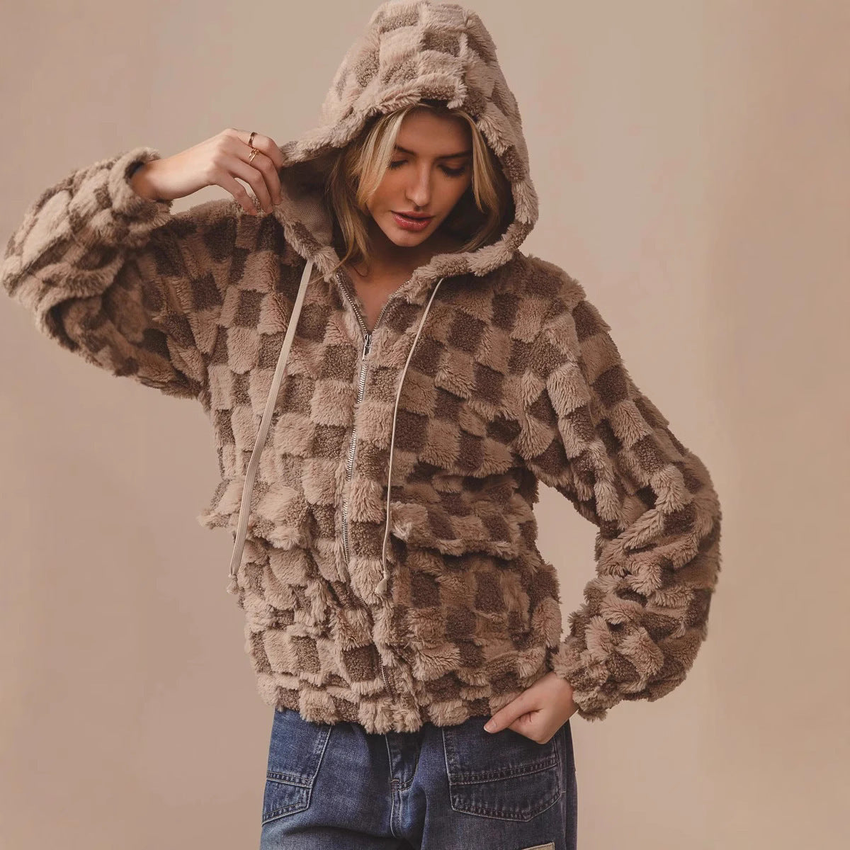 Plush Plaid Zipper Hoodie