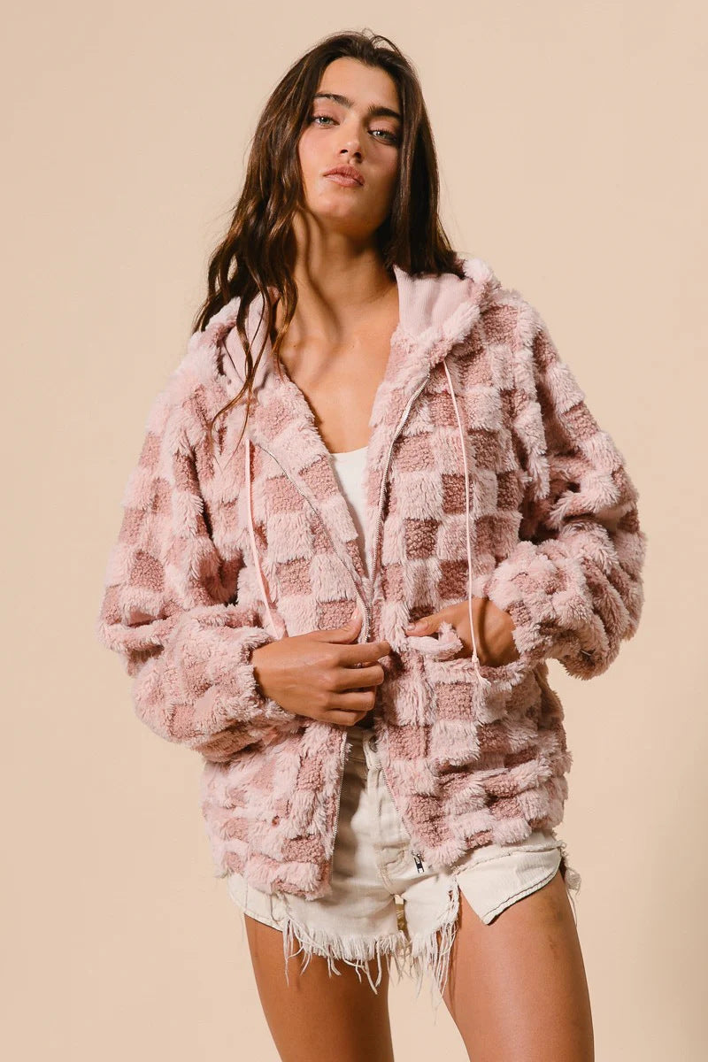 Plush Plaid Zipper Hoodie