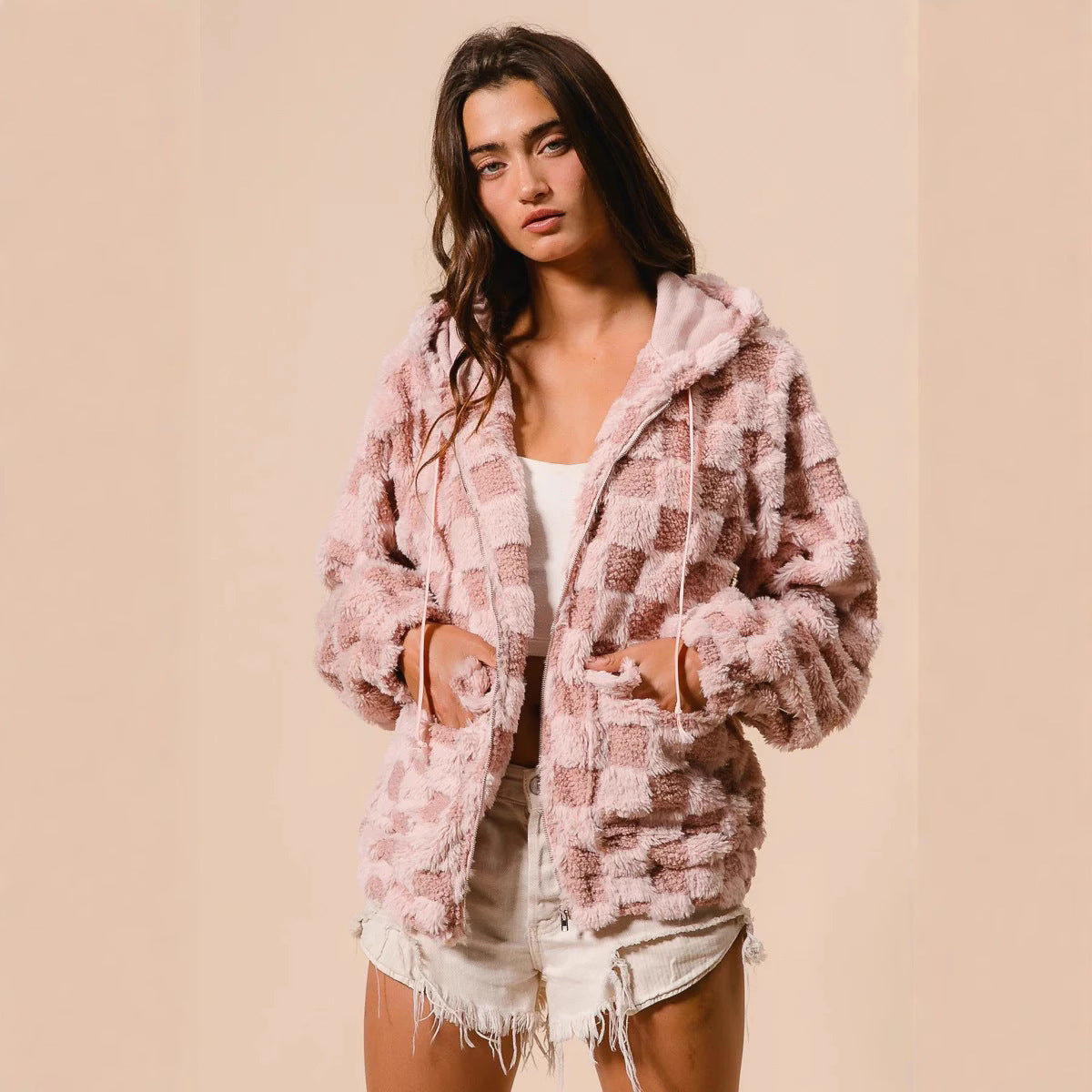 Plush Plaid Zipper Hoodie