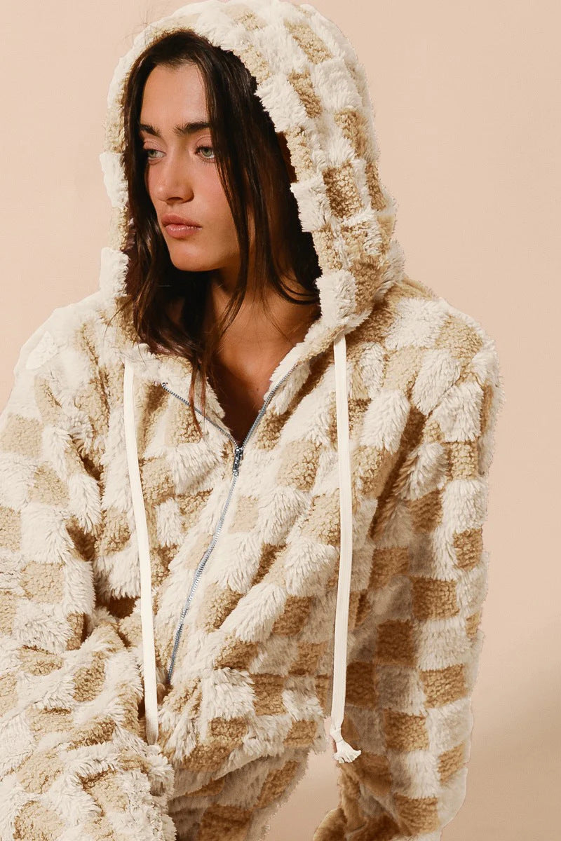 Plush Plaid Zipper Hoodie