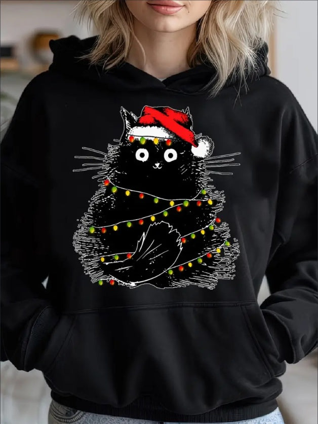 Cozy Hoodie With Cute Black Cat & Christmas Tree Hoodie