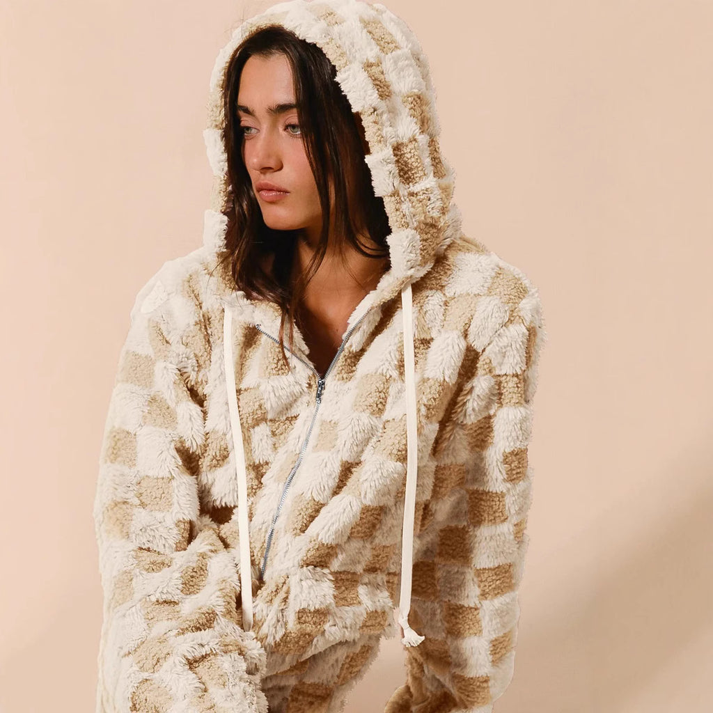 Plush Plaid Zipper Hoodie
