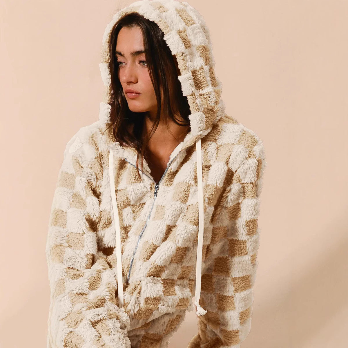 Plush Plaid Zipper Hoodie