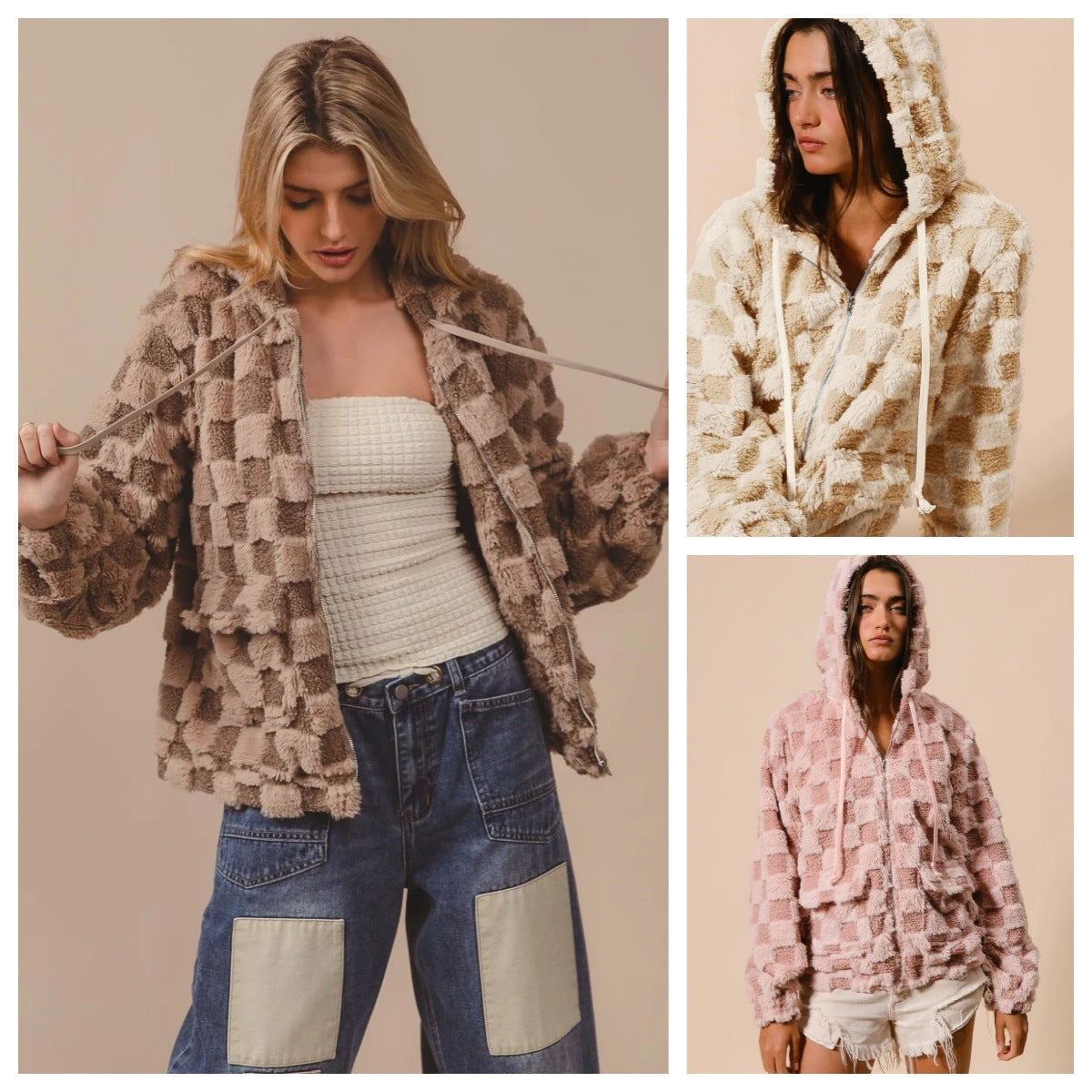 Plush Plaid Zipper Hoodie